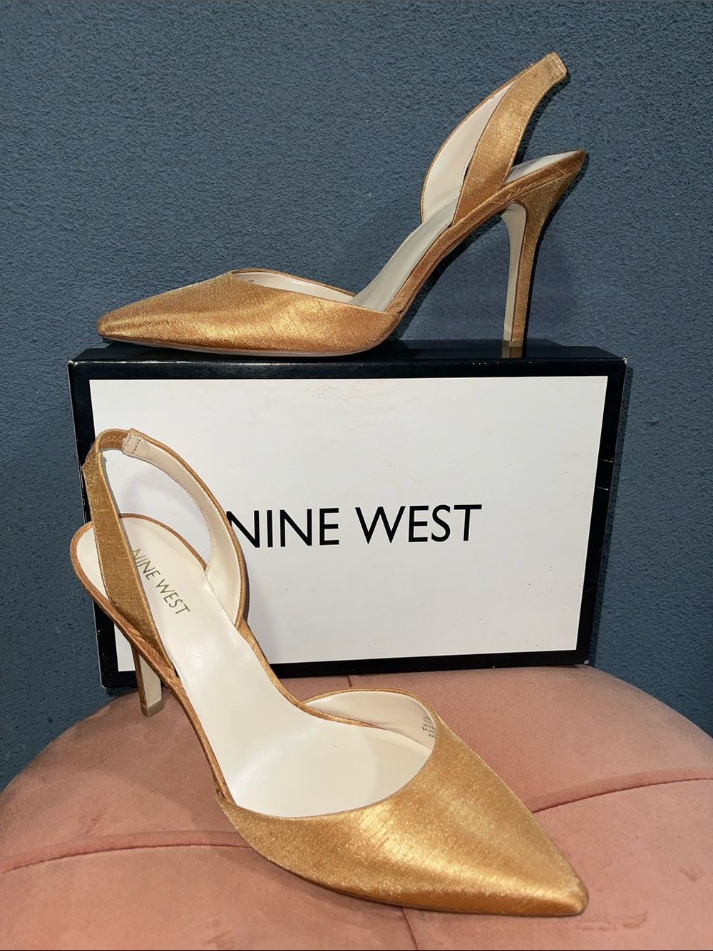 Nine West Metallic Gold Pointed-Toe Slingback Heels SZ 10